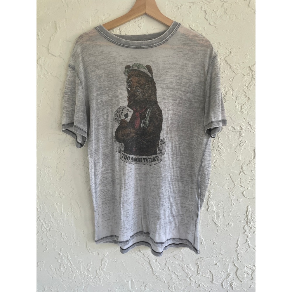 Lucky Brand Vice Bear Graphic T-Shirt Grey Burnout Tissue Thin Mens L